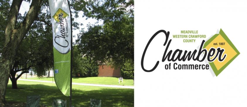 Meadville Chamber – feather flag/printed logo chairs