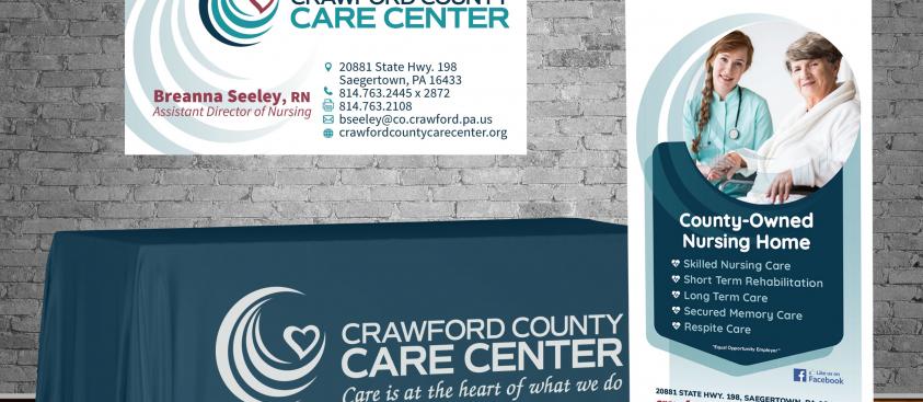 Crawford County Care Center – logo, banner, business card and table throw design